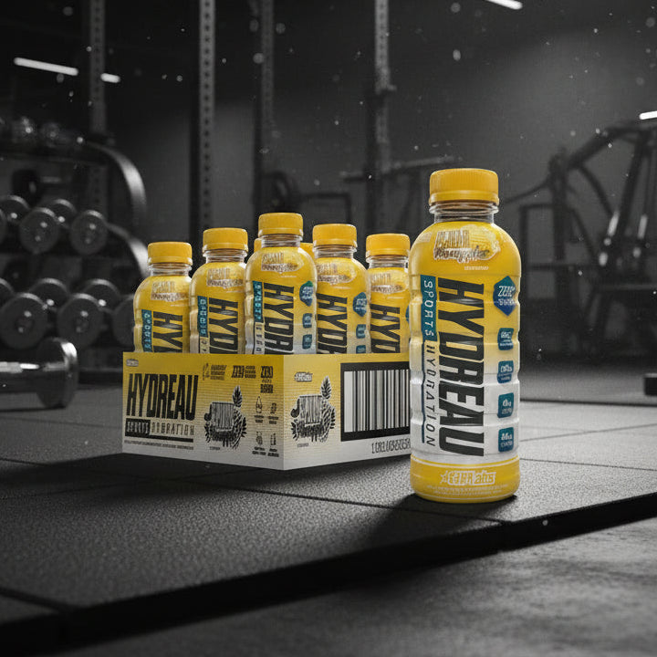 EHP Labs Hydreau RTD Bottles in pineapple flavour on a gym floor