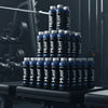 Huel blueberry protein bottles with packaging on a gym background