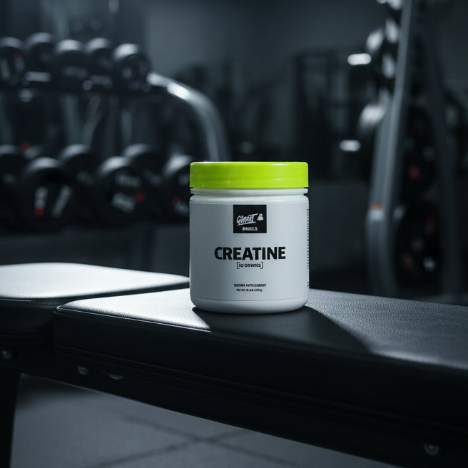 Ghost Basics Creatine supplement container with yellow lid on a gym background