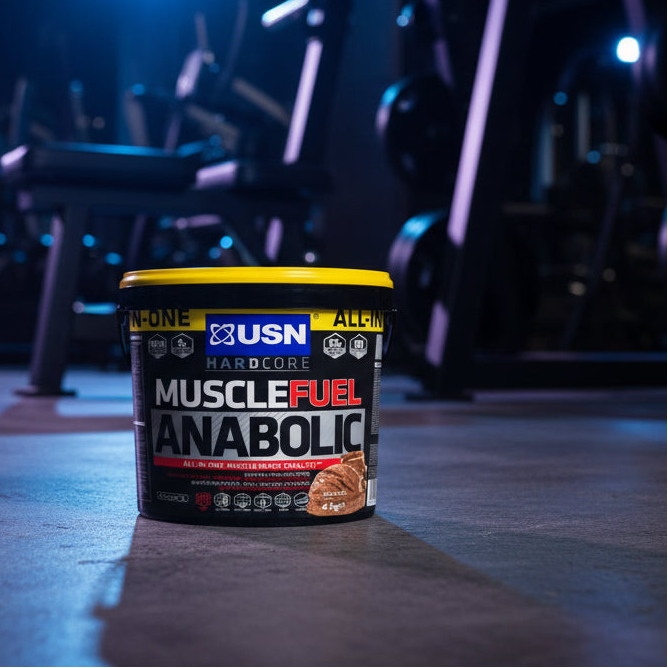 USN Muscle Fuel Anabolic supplement container on a gym floor