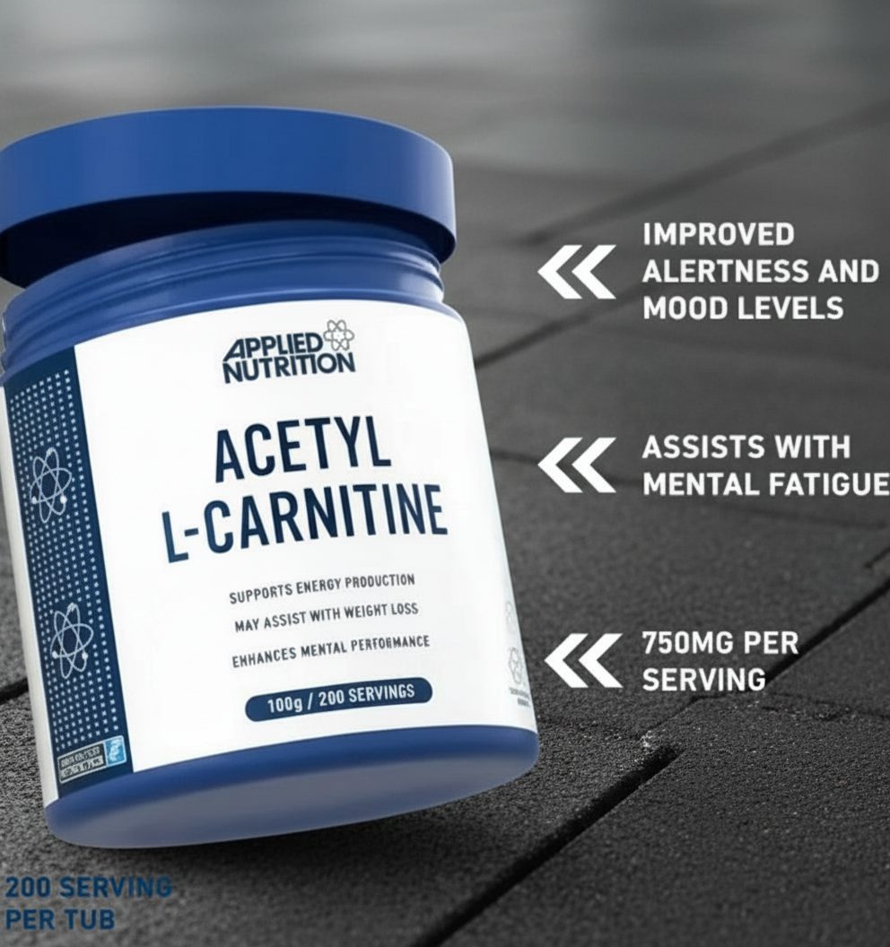 Applied Nutrition Acetyl L-Carnitine supplement container on a dark surface
