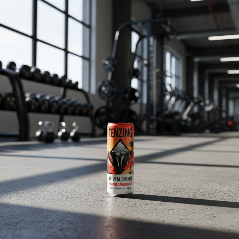 Tenzing natural energy drink can on a gym background