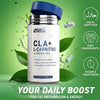 Supplement bottle labeled 'CLA+ L-Carnitine & Green Tea' with green leaves and certification icons on a green background.