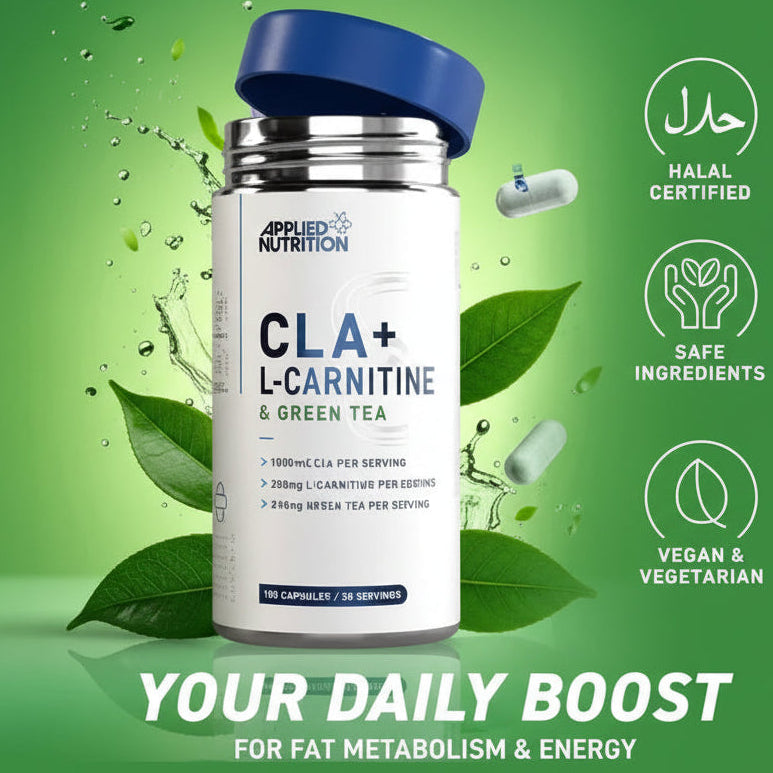 Supplement bottle labeled 'CLA+ L-Carnitine & Green Tea' with green leaves and certification icons on a green background.