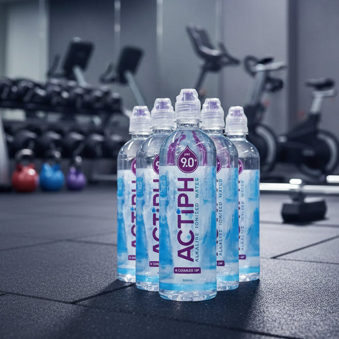 Multiple bottles of Actiph water on a gym background