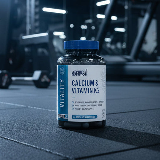 Supplement bottle labelled 'Calcium & Vitamin K2' by Applied Nutrition on a gym background