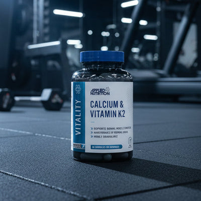 Supplement bottle labelled 'Calcium & Vitamin K2' by Applied Nutrition on a gym background