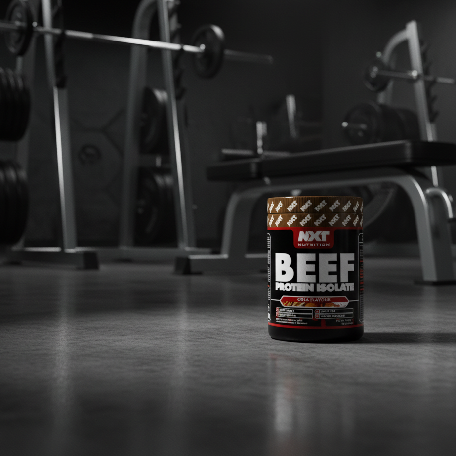 Container of NXT Nutrition Beef Protein Isolate with cola flavour on a gym background