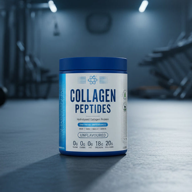 Collagen peptides container with blue and white label on a gym background