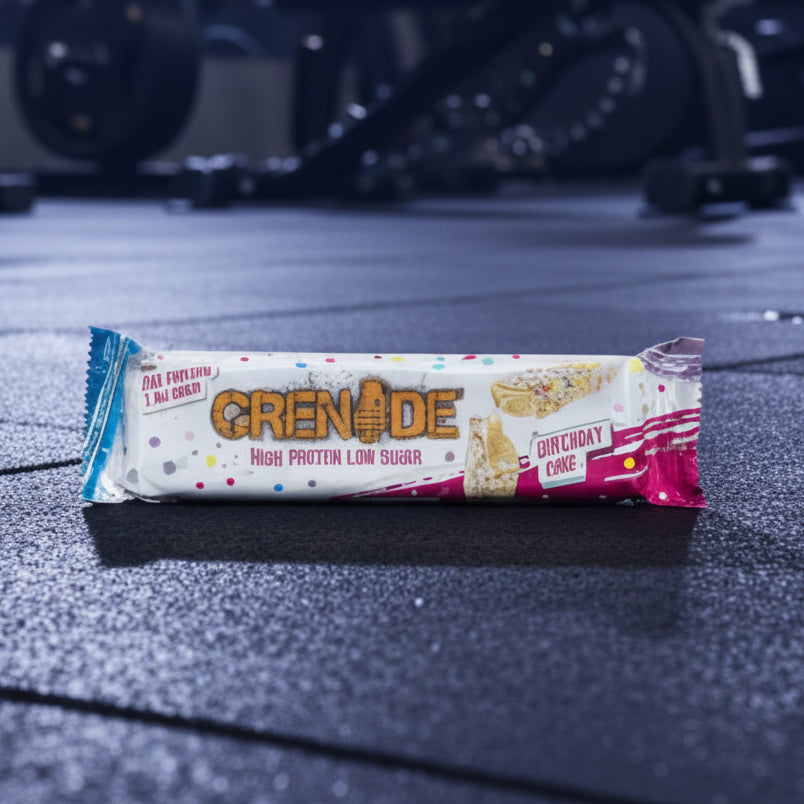 Grenade birthday cake protein bar on a gym background