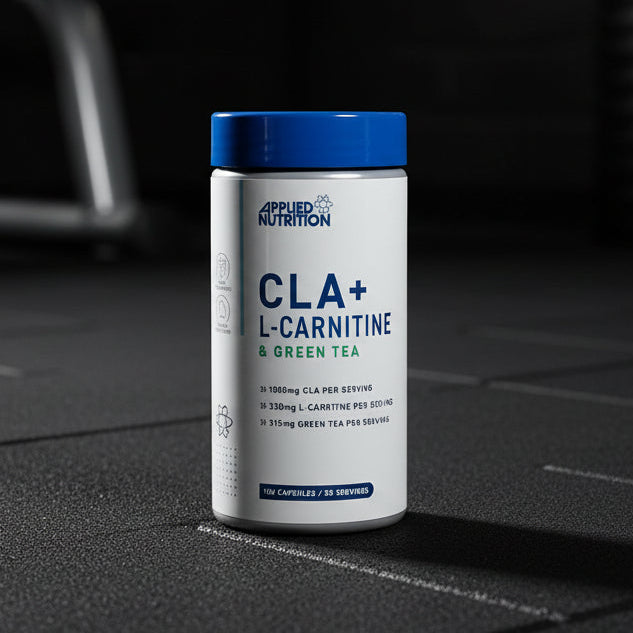 Supplement container labelled 'CLA+ L-Carnitine & Green Tea' by Applied Nutrition on a gym background