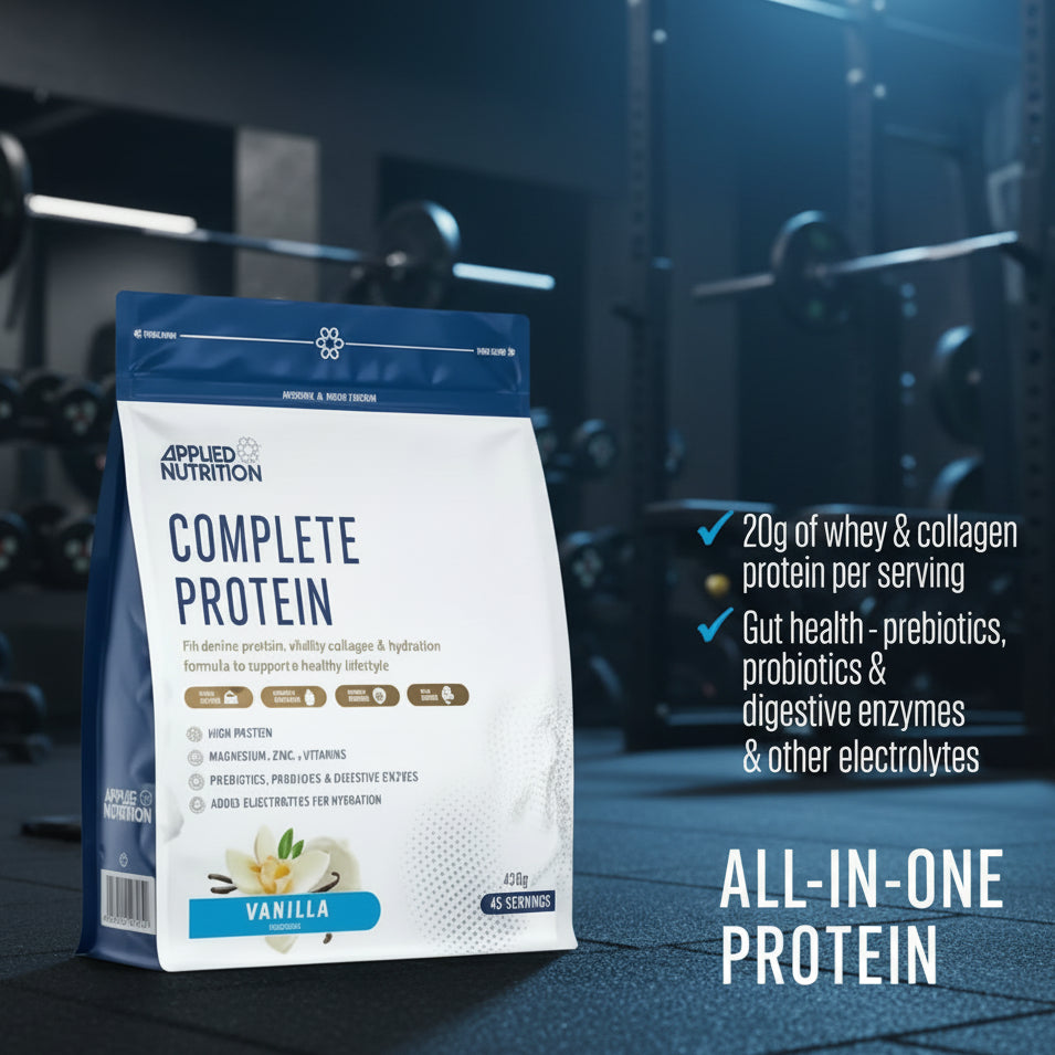 Protein powder package with vanilla flavor on a wooden surface