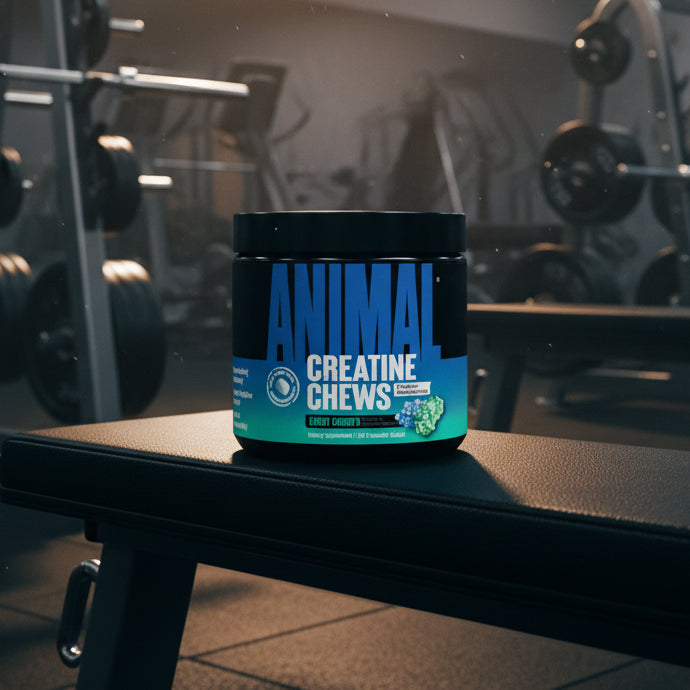 Container of Animal Creatine Chews with blue and black design