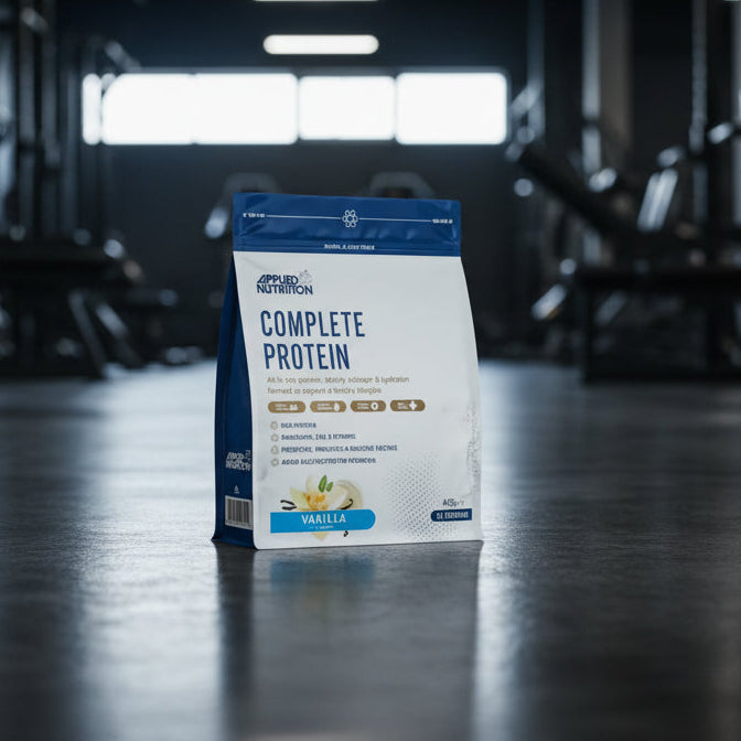 Package of Applied Nutrition Complete Protein on a gym background