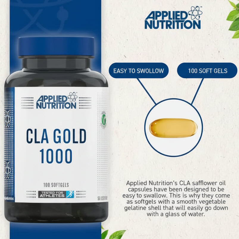 Applied Nutrition CLA Gold 1000 supplement bottle with label and capsule illustration on a white background.