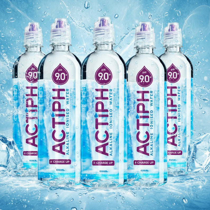 Five bottles of Actiph whey protein powder on a aqua background