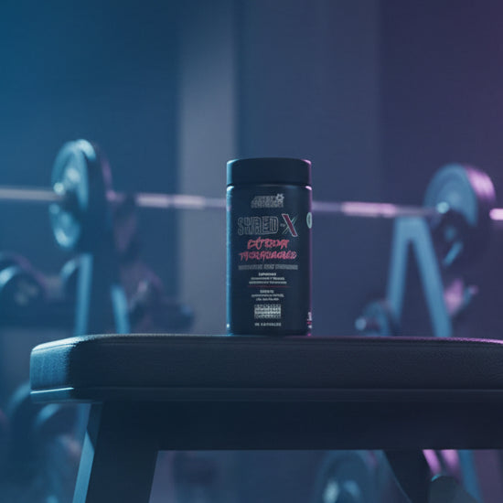 Applied Nutrition ABE shred-x container in a gym background.
