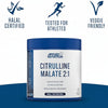 Supplement container labeled 'Citrulline Malate 2:1' with certification logos on a blue background