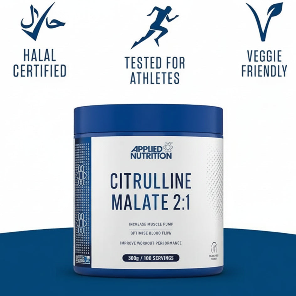 Supplement container labeled 'Citrulline Malate 2:1' with certification logos on a blue background