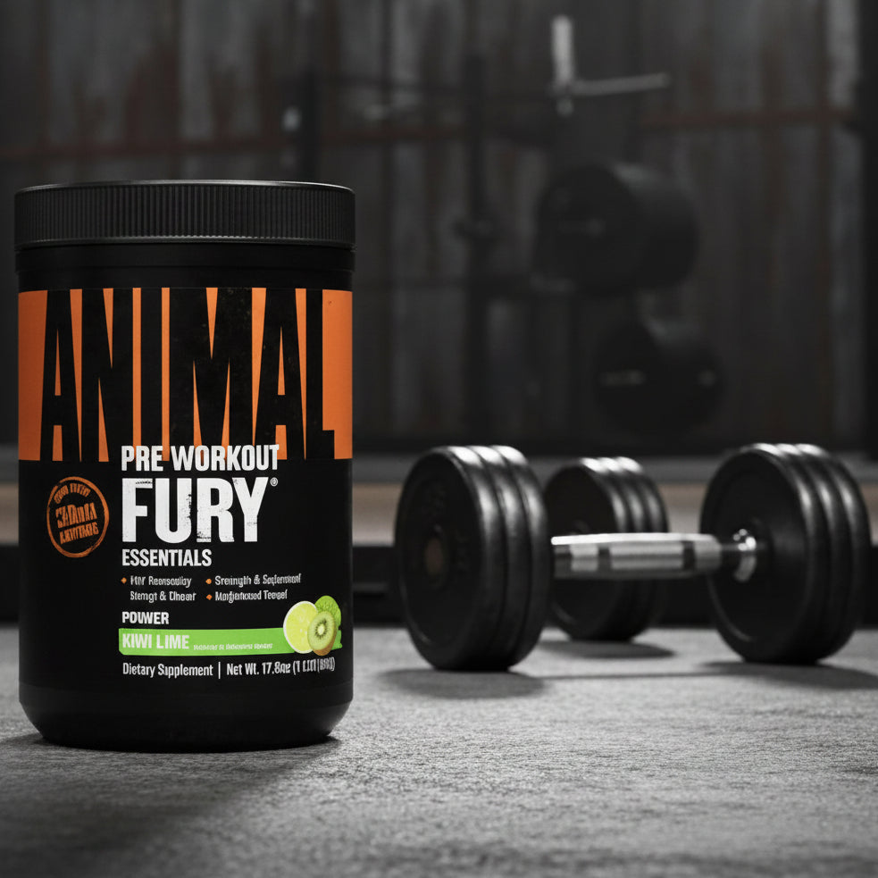 Black container of Animal Pre Workout Fury Essentials with orange and white background