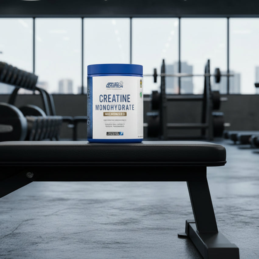 Applied Nutrition Creatine Monohydrate supplement container on a gym background