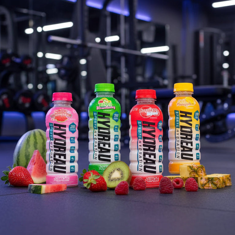 EHP Labs Hydreau RTD Bottles in different flavours on a gym floor