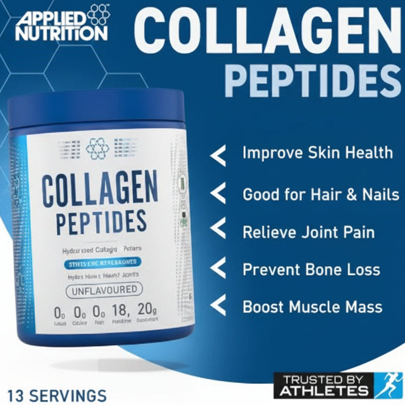 Applied Nutrition Collagen Peptides packaging with benefits listed on a blue background