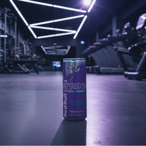 Red Bull energy drink can on a dark floor with a futuristic background