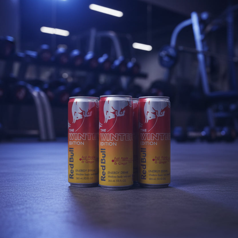 Three Red Bull energy drink cans in winter edition packaging on a dark surface with blurred background