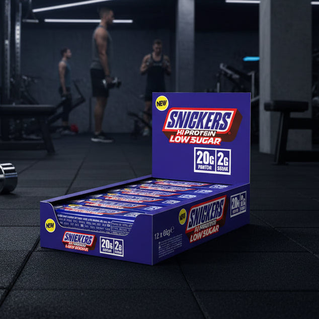 Box of Snickers Hi Protein Low Sugar bars with blue packaging.