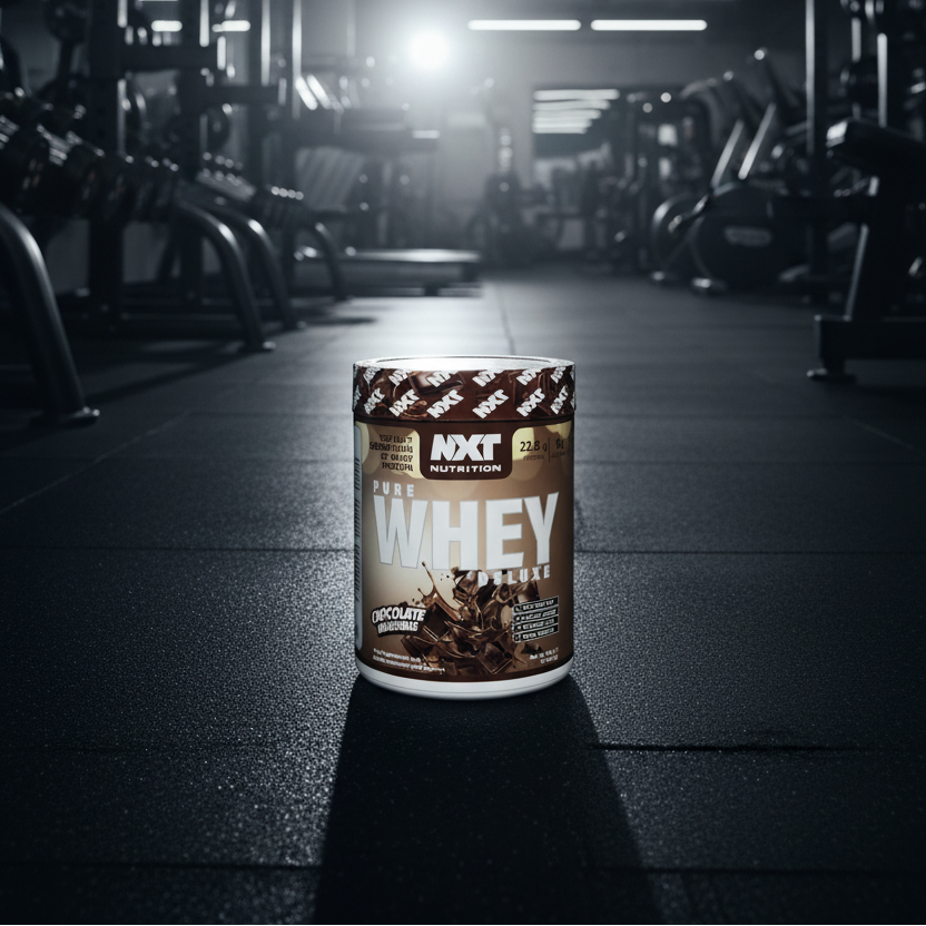 NXT Nutrition Pure Whey Deluxe chocolate milkshake protein powder container