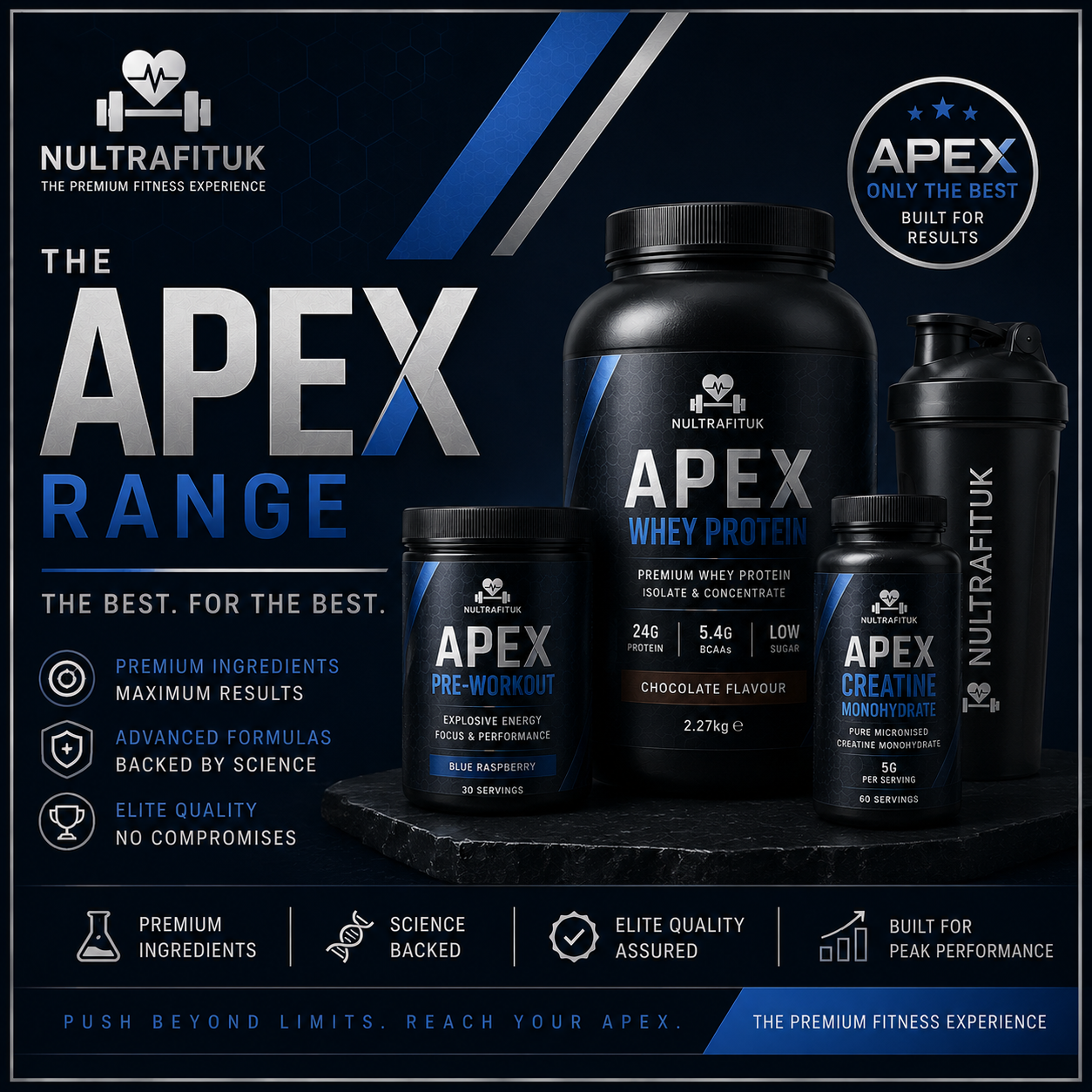 A promotional product graphic for NULTRAFITUK Apex Whey Protein, showing multiple black supplement containers and a shaker bottle on a dark background with blue and white branding. The products include Apex Pre-Workout, Apex Creatine Pre-workout, and Apex Whey Protein, with text callouts and badges around the items.