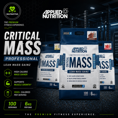 Three bags of Applied Nutrition Critical Mass Lean Mass Gainz protein powder in dark blue and white packaging, displayed in a gym setting with promotional text on the left.