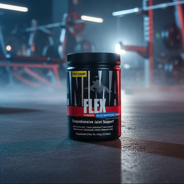 Flex supplement container on a gym floor with equipment in the background