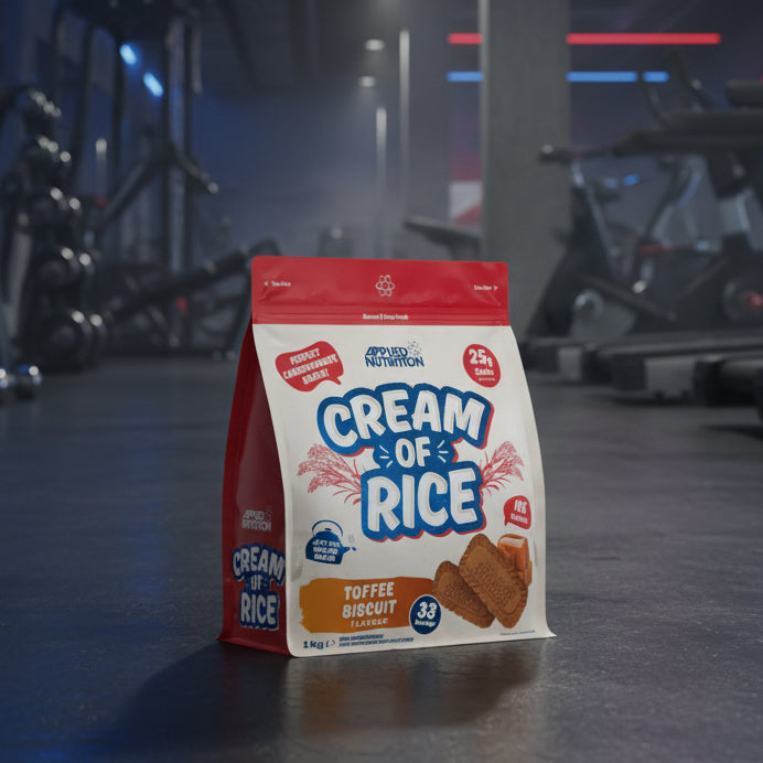 Packaging of Cream of Rice Toffee Biscuit flavour on a gym background