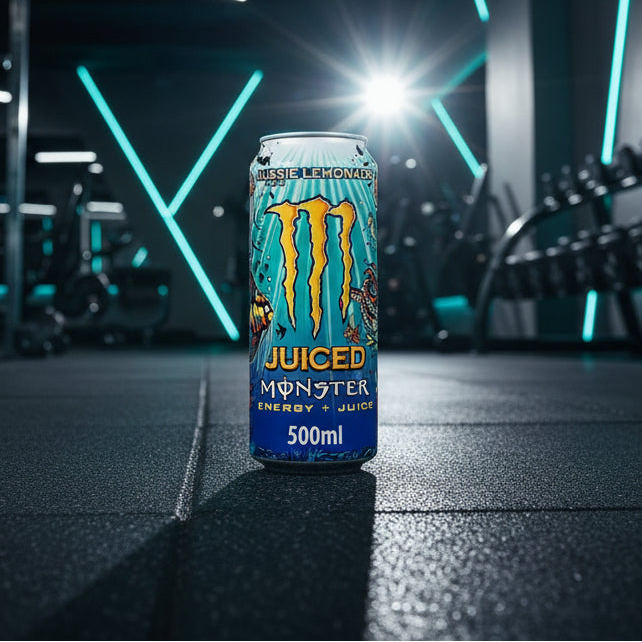Monster energy drink can with colourful design on a gym background