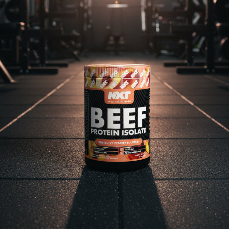 NXT Nutrition Beef Protein Isolate container with peach flavor on a black background