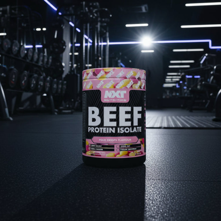 NXT Nutrition Beef Protein Isolate powder in pear drops flavor packaging