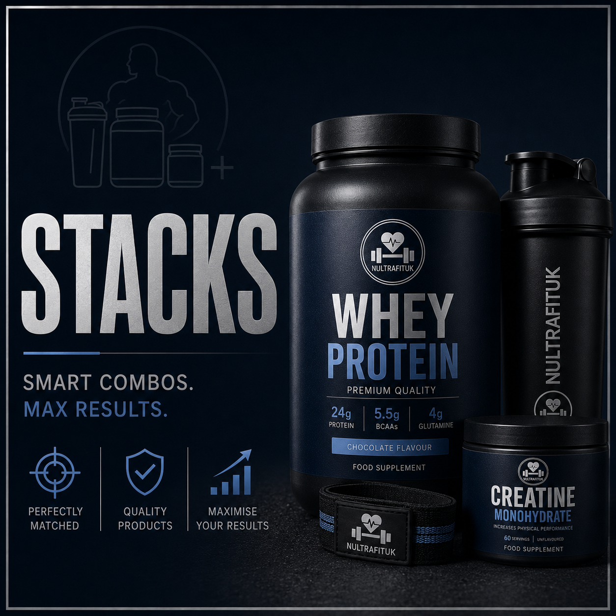 A dark promotional product shot showing a large black whey protein tub labeled 'WHEY PROTEIN' alongside a shaker bottle, a smaller protein container, and a small accessory box. The left side includes large text reading 'STACKS' and marketing copy on a dark blue background.
