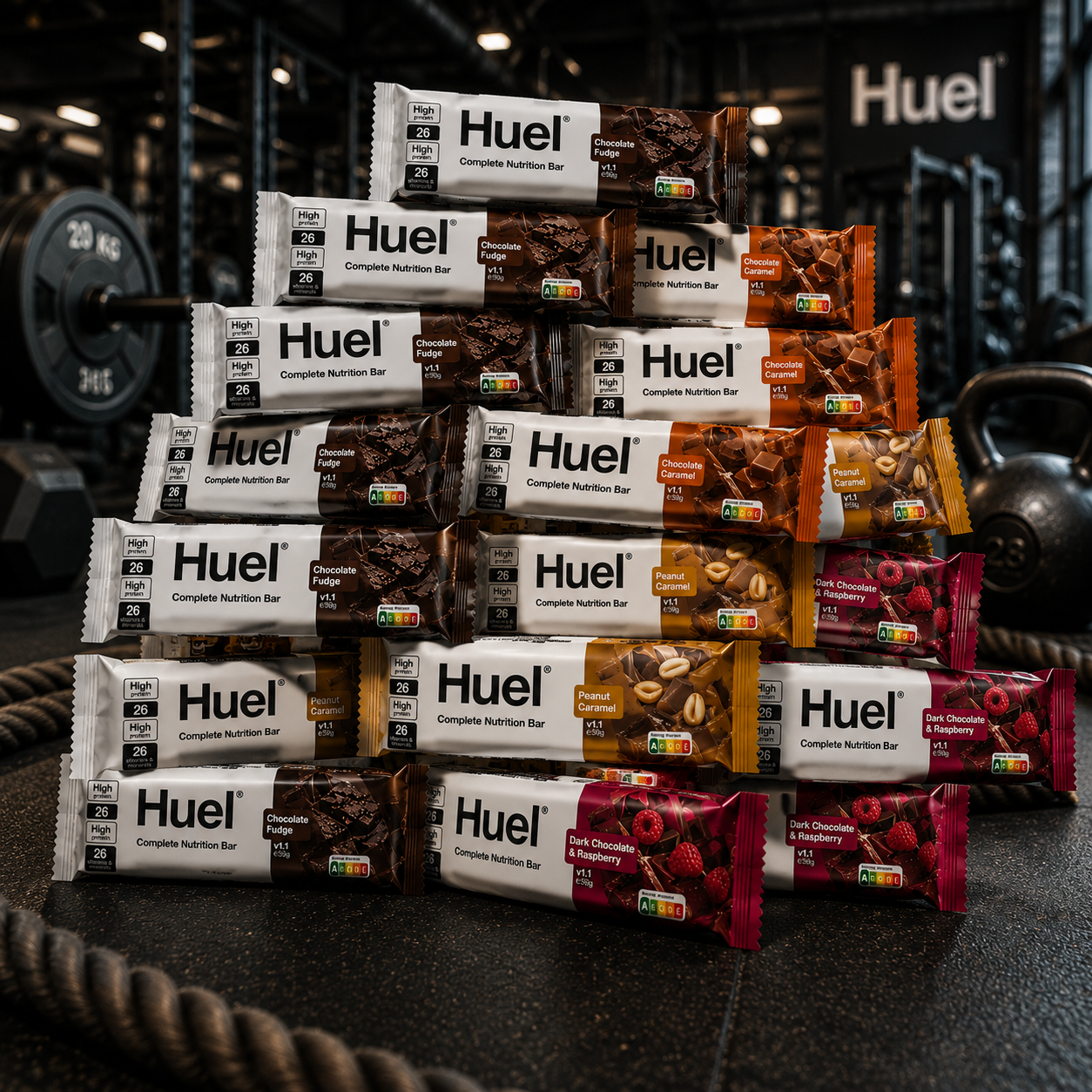 Stack of Huel nutrition bars in various flavors on a gym floor.