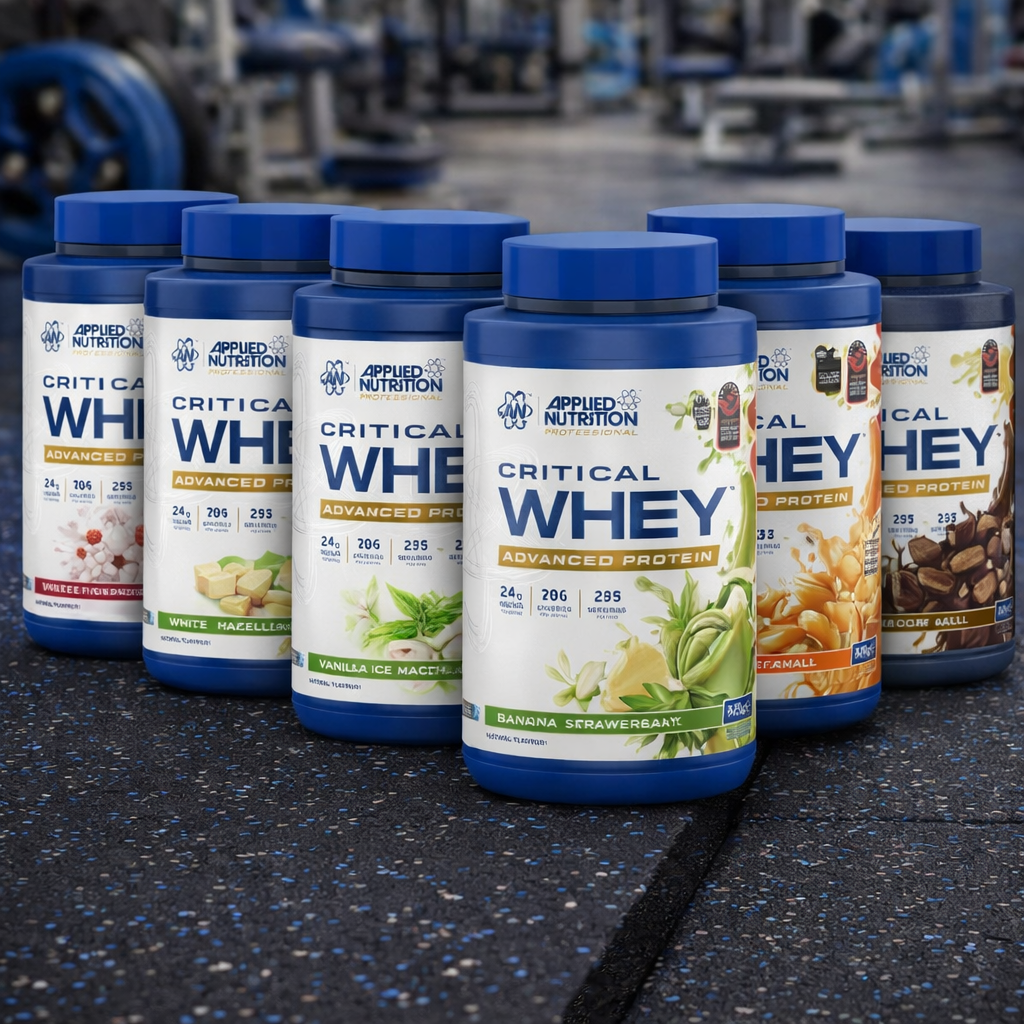 Applied Nutrition Critical Whey Tubs on a gym floor