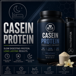 A dark promotional graphic for a protein powder tub labelled NULTRAFITUK CASEIN PROTEIN, with a shaker bottle, scoop of powder, vanilla flower, and marketing text on a dark blue background.