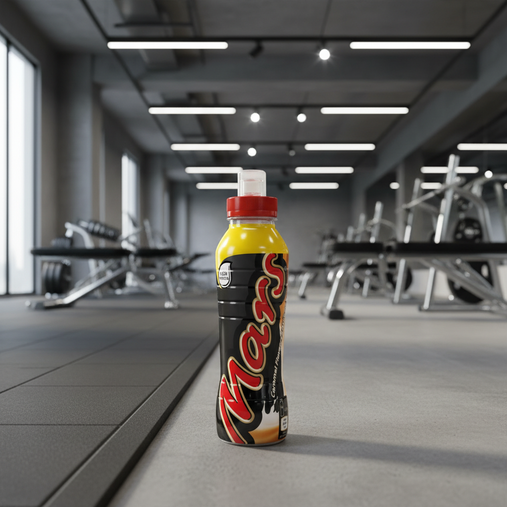 Man's energy drink bottle in a modern indoor gym setting