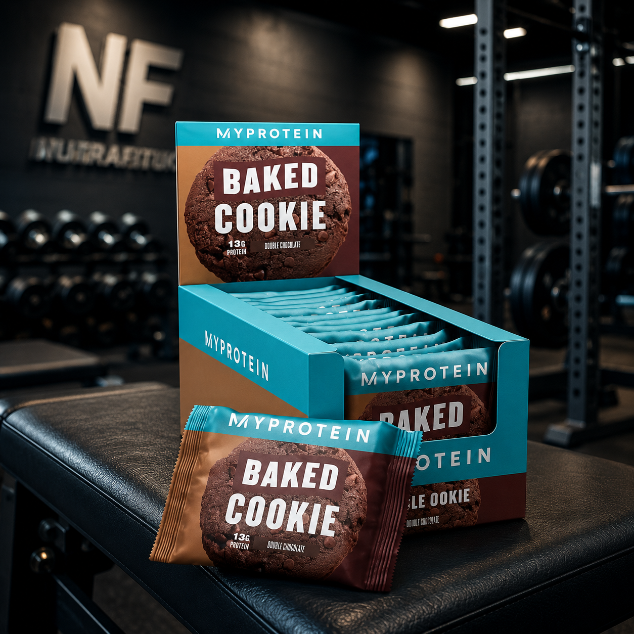 MyProtein Baked Cookie protein bars in a box on a gym bench.