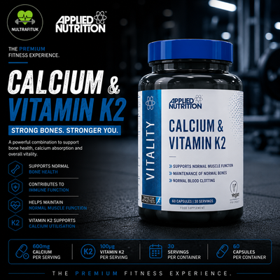 A bottle of Applied Nutrition Vitality Calcium & Vitamin K2 dietary supplement, set against a dark gym background with promotional text and feature icons.