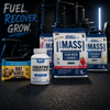 multiple protein and fitness supplement Infront of a gym background