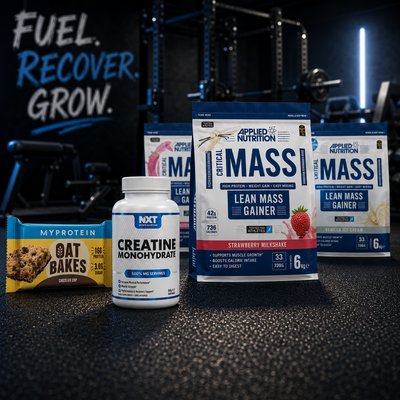 multiple protein and fitness supplement Infront of a gym background