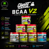 Six jars of Ghost BCAA V2 protein powder arranged in a pyramid on a dark promotional background. The products come in multiple flavour variants including Watermelon, Grape, Peach, and Blue Raspberry.