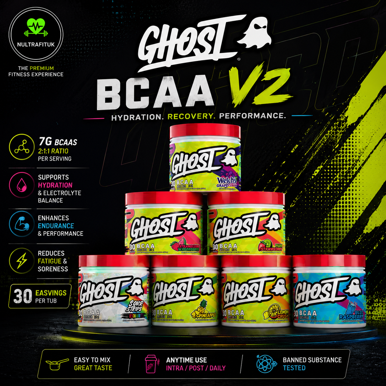Six jars of Ghost BCAA V2 protein powder arranged in a pyramid on a dark promotional background. The products come in multiple flavour variants including Watermelon, Grape, Peach, and Blue Raspberry.