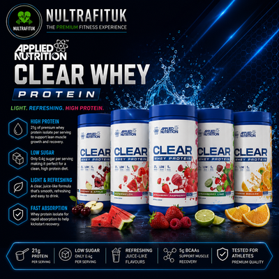 Six bottles of NULTRAFITUK Clear Whey Protein arranged on a dark reflective surface with fruit slices and a splash graphic behind them. The image includes large product text, feature icons, and a branded footer banner.